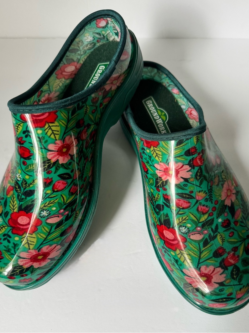 GroundWork Garden Clog Womens 10 Green Pink Floral Waterproof Slip On Mule Shoes